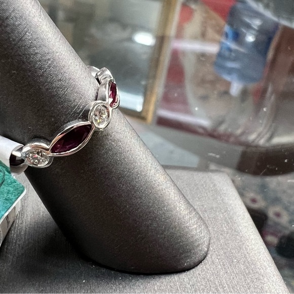 14k White Gold Diamond & Ruby Eternity Band Ring - Picture 7 of 8